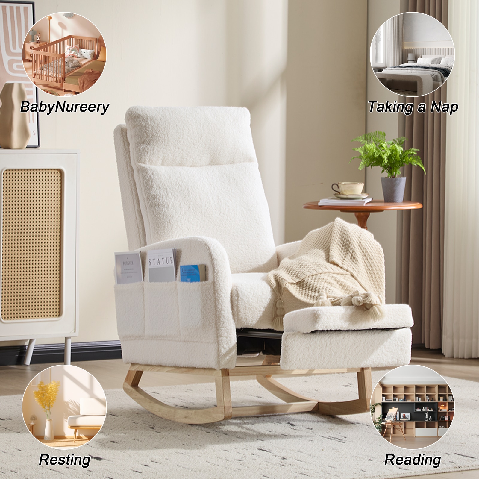 Modern Accent Rocking Chair Rocking Chair With Solid Wood Legs, Upholstered Nursery Glider Rocker, Comfy Armchair With Side Pocket, Living Room Lounge Arm Chair With High Backrest (White,teddy)_voghion.com